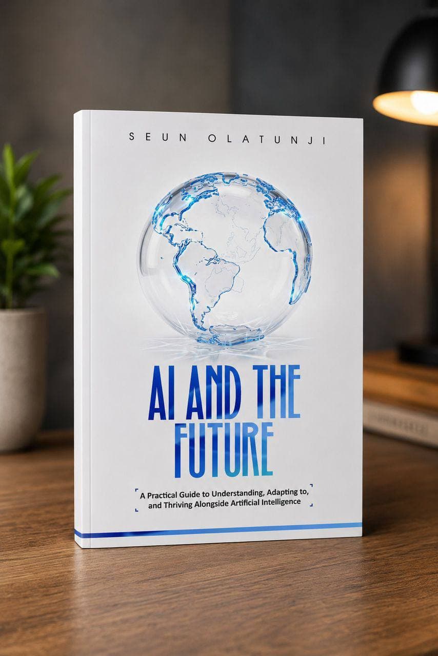 Front cover of AI and the Future by Seun Paul Olatunji, standing on a desk